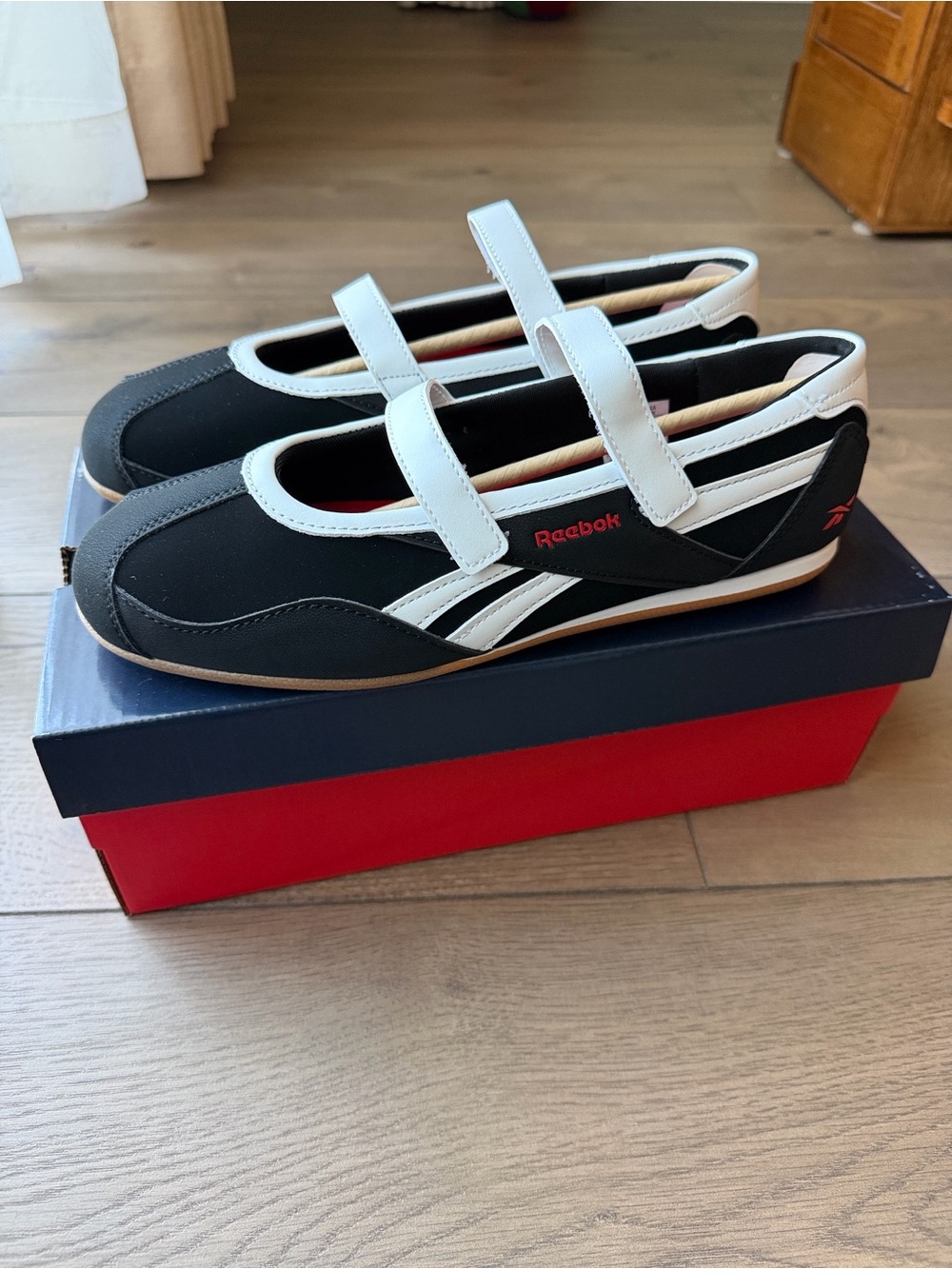 Reebok Stride Step Black/White/Red Mary Jane Flats with Red Insole